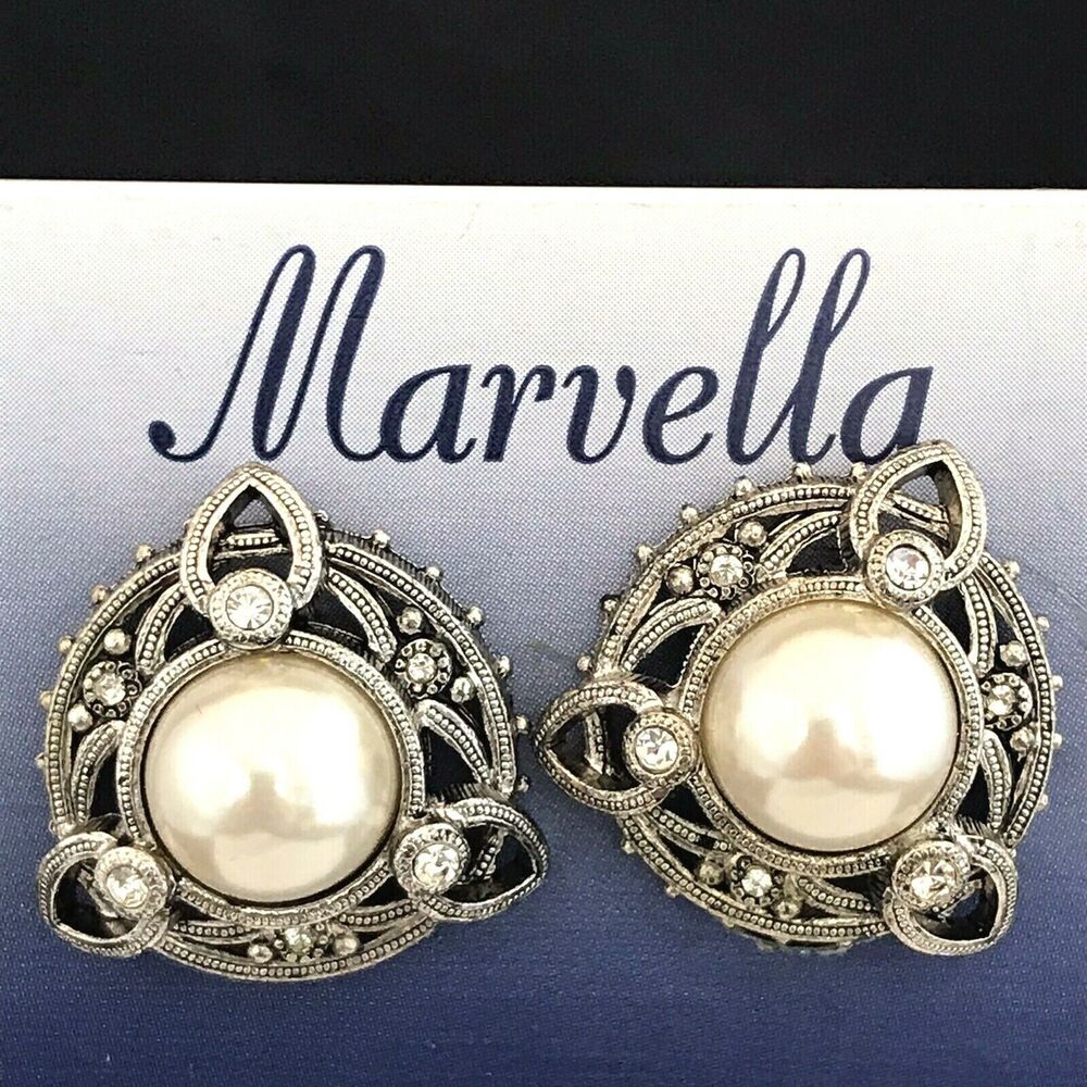 Vintage 1980s Marvella Faux Pearl Crystal Earrings Silver Tone Clip - 6Q